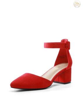 Pointed Toe Low Chunky Heel Pumps with Ankle Strap